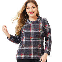 20212021 Autumn mom clothes Long sleeve Stand-up collarT-shirt fashion ladies Vintage elegant Plus Size Womens Plaid Tops