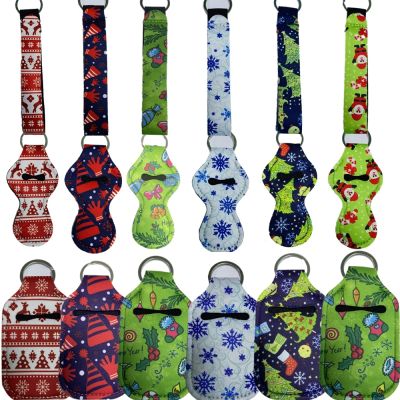 【High-end cups】24Pcs Christmas Styles 30ML Sanitizer Travel Bottle Holder Keychain Bags Keychain Chapstick Holder Neoprene Wristlet Wedding