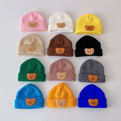 ลูกอมสีเด็กหมวกน่ารักการ์ตูนหมีถักหมวกอบอุ่นสำหรับทารกชายหญิงฤดูใบไม้ร่วงฤดูหนาวโครเชต์หมวกหมวก