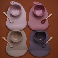 【CC】 Baby Tableware Silicone Sucker Bowl BPA free Bibs children Toddle Feeding Plate And Wodden Handle Spoon.