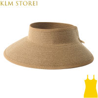 KLM หมวกบังแดด Store1สำหรับผู้หญิงหมวกฟางชายหาดกันกันแดดรังสียูวีด้านบนว่างเปล่าแบบพับได้