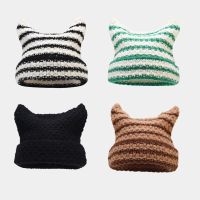 【YD】 2022 New Streetwear Beanie Little Striped Knitted Hat Ears Cap