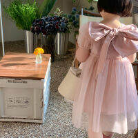 HAYANA 2022 Summer New Girls Dress Pink Bow Yarn Puff Sleeves Cotton Clothes For Children 2-6Y