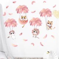 Hand-paint Pink Feather Balloon Cute Cats Cartoon Wall Stickers for Kids Room Baby Nursery Wall Decals Home Decorative Stickers