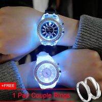 CPJH Store [Get Free Couple Rings] 2Pcs/Set GENEVA Hot Sale Luxury Diamonds LED Luminous Big Dial Couple Lover Watches Quartz Waterproof Silica gel Strap Wristwatch Fashion Casual Gift Watch For Men and Women + Couple Rings [Buy 1 Get 1 Free Gift]