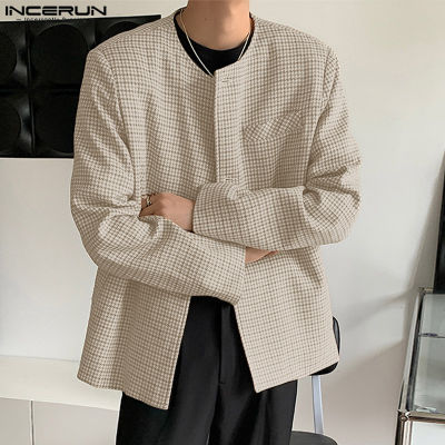 INCERUN เสื้อแจ็คเก็ตแจ็คเก็ตลายตารางแขนยาว Parka สำหรับผู้ชายเสื้อคาร์ดิแกนติดกระดุมแบบลำลองเสื้อตัวนอก (สไตล์เกาหลี)