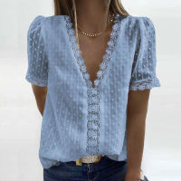 3XL y V-Neck Lace Shirt Blouse Spring Summer Short Sleeve Ladies Shirt Casual Women Solid Pullover Tops Blusa Streetwear