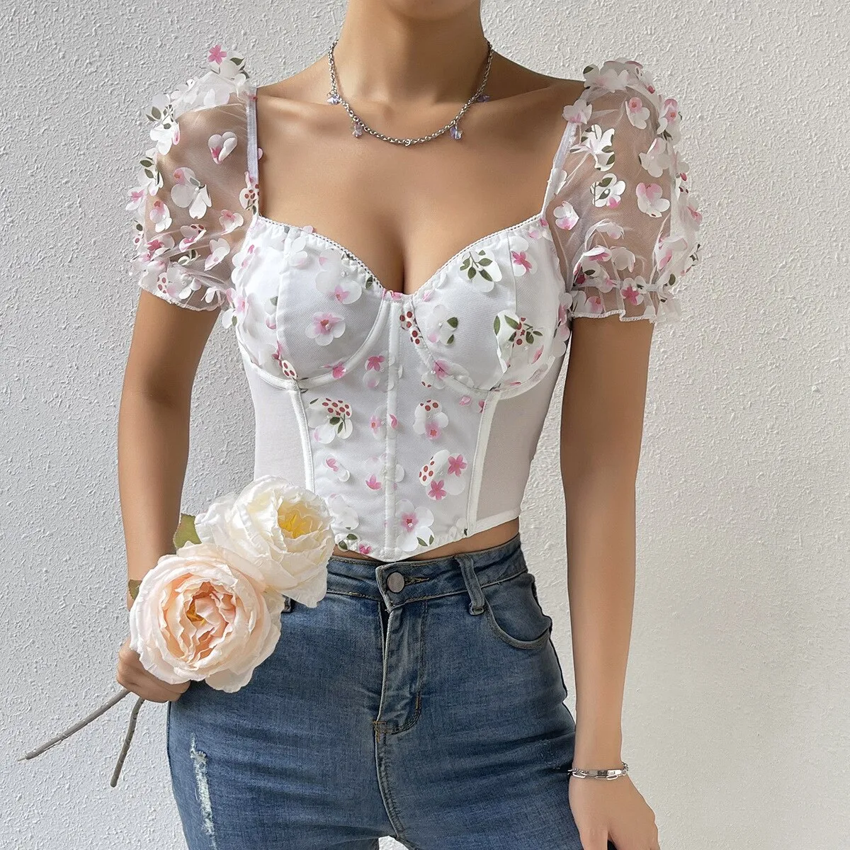 Min's Wardrobe】 Women Summer Corset Crop Tops for Women Flower Mesh Push-Up  Cropped Blouses Female Bustier Boned Puff Sleeve Tops Outfit Bustier Top |  Lazada PH