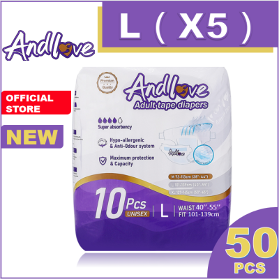 【ซึมเร็วสุด!！】ผ้าอ้อมผู้ใหญ่ Andlove ใช้ได้ทั้งชายหญิง ปลี่ยนง่าย L(5Pack / 50Pcs) adult diapers ผ้าอ้อมแบบเทป