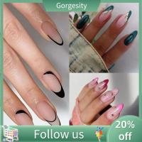 GORGESITY 24ชิ้นเล็บปลอม Nials ปลอม DIY ดาวอัลมอนด์ยาวสายสีดำเล็บฝรั่งเศส