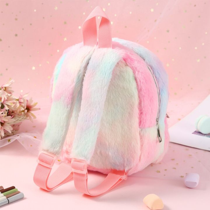 cartoon-unicorn-plush-soft-fur-schoolbag-kawaii-preschool-bag-lovely-fashion-gradient-color-simple-portable-children-back-pack