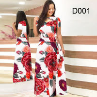 Women Short Sleeve Hollow Out Long Dress Summer Floral Print High Waist Elastic Elegant Boho Robe O-Neck Dreses Plus Size