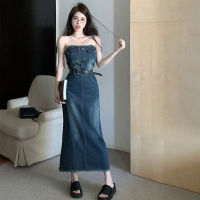 Vintage Denim ชุดสตรี2023ฤดูร้อนใหม่อินเทรนด์พู่เข็มขัดสะโพกยาว Frock Elegant เอว Backless เซ็กซี่ Tube Top Dresses