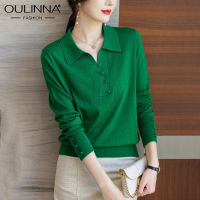 OULINNA 2022ใหม่สีเขียวแขนยาวเสื้อยืดผู้หญิงหลวมผ้าไหมหม่อน Aging Western สไตล์ V คอด้านบน Bottoming เสื้อกันหนาว