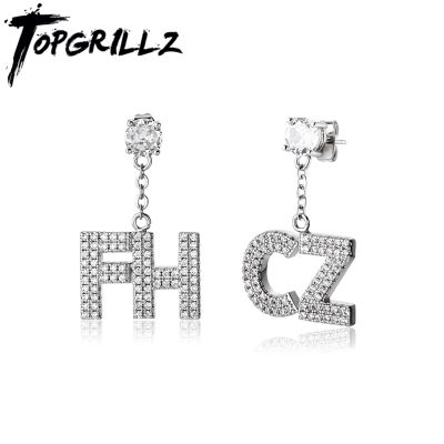 TOPGRILLZ ใหม่ตัวอักษรที่กำหนดเองรอบเย็นออก CZ หินต่างหูทองสีเงินต่างหูฮิปฮอปสำหรับผู้ชายผู้หญิง