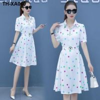 Short-sleeved chiffon skirt new popular high-end polka dot fresh waist slimming maternity mid-length dress for women