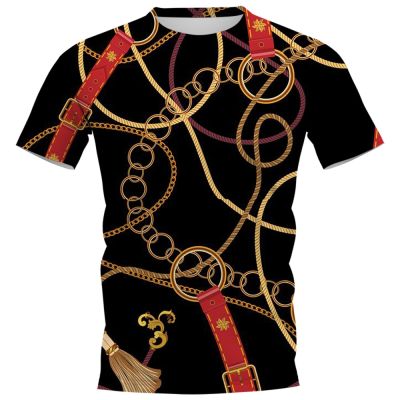 Fashion Men T-shirt 3D Graphic Metal Chain Splicing Pullover Tops Short Sleeve Streetwears Casual Woman Men Clothing