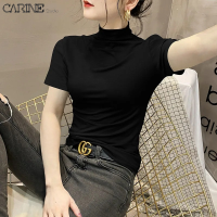 (M-5XL)CARINE เสื้อยืดผู้หญิงสีแขนสั้นแข็งคอเต่าสไตล์ลำลองเสื้อเข้ารูปพอดีสีเก๋ๆแฟชั่นเสื้อ