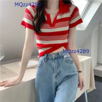 MQzz4289?พร้อมส่ง?เสื้อคอปก ผู้หญิงแขนสั้น ผ้าไหมพรม ลายทาง เอวลอย เก๋มากๆ Free Size