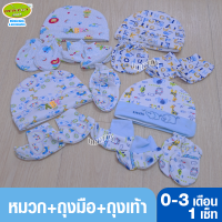 1เซ็ทถุงตาข่าย Littelhome baby ถุงมือ1คู่ ถุงเท้า1คู่ หมวก1ใบ 0 - 3เดือน ฟ้า