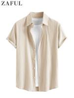 ZAFUL Shirts for Men Cotton And Linen Textured Short Sleeves Shirt Asymmetric Hem Streetwear Summer Solid Blouse Tops Z5085203