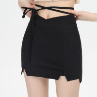 Slim Lace-Up กระโปรงสั้นสีดำสำหรับผู้หญิง Harajuku A-Line Girl S High Waist Split Mini Skirt Y2K Design Casual