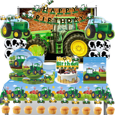 【CW】Green Tractor Theme Tableware Paper Cup Plates Napkins Truck Vehicle Excavator Kids Boys Party Decorations Supplies