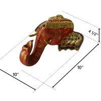 ส่งฟรี!! หัวช้างแกะสลักสีส้ม ขนาด 10x10x4.5 นิ้ว ติดผนัง หัวช้างไทยไม้แกะสลัก ปิดทองเดินเส้นติดกระจกสี หัวช้างแกะสลัก  งานฝีมือ