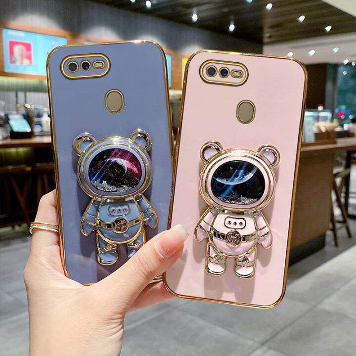 jiefie-quicksand-starry-sky-สำหรับ-oppo-f9-f7-f5-f1s-f11-f11-pro-ชุบโครเมี่ยม-tpu-นักบินอวกาศหมีโทรศัพท์-ขาตั้ง