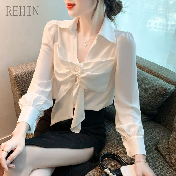 rehin-เสื้อดีไซน์เรโทรใหม่ฤดูใบไม้ผลิ2022เสื้อชีฟองแขนยาวสีขาวเสื้อคอวีผูกโบว์ขนาดใหญ่สำหรับผู้หญิง