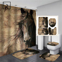 Running Horse Print Bathroom Set Shower Curtain with Anti-slip Flannel Bathing Mat Doormat Toilet Lid Cover Home Kitchen Car