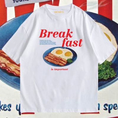(พร้อมส่งเสื้อเฮีย) เสื้อ Break fast ผ้าCotton 100% มีสองสี ทั้งทรงปกติและ OVERSIZE Cotton T-shirt