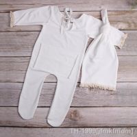 ✸✹ jfmkfmdm Newborn fotografia adereços 2 pçs bebê foto tiro com turbante nó chapéu macacões tecido de malha roupas para menino menina