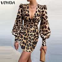 Evening Party Dress VONDA 2021 y Deep V Neck Tunic Women Long Sleeve Leopard Print Mini Dress Beach Vestidos Femininas