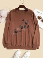 Yuisle Womens Casual Ladies Comfort Plus Size Sweatshirt Plus Butterfly Print Drop Shoulder Sweatshirt Leisure Perfect Comfortable Eye-catching (Color : Coffee Brown, Size : X-Large)