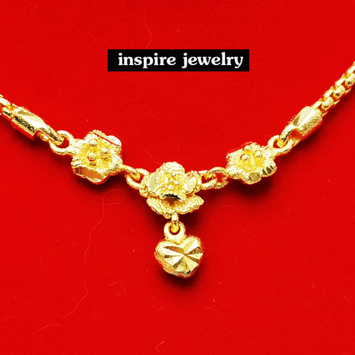 inspire-jewelry-สร้อยคอ-ลายดอกไม้-ห้อยหัวใจตอกลาย-ปราณีตมาก-งานแฟชั่น-สีทอง-สำหรับประดับชุดไทย-สวยหรู-เหมาะกับการแต่งกายที่สวยงาม