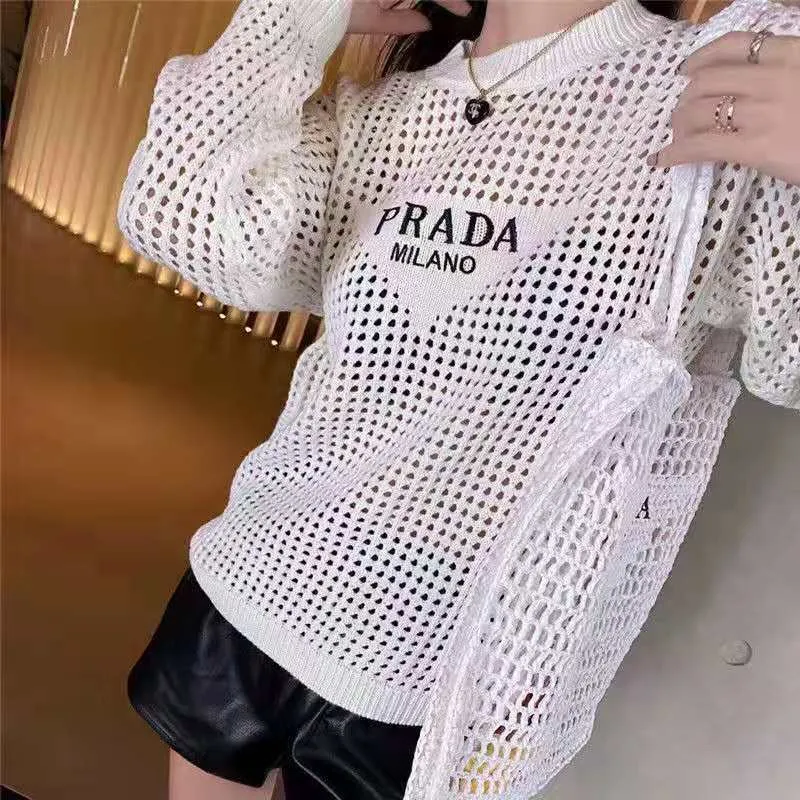 Prada High-top Net Red Same Style Design Chest Hollow Knit Sweater Korean  Version Loose Outer Layer Sun Protection Shirt | Lazada Singapore