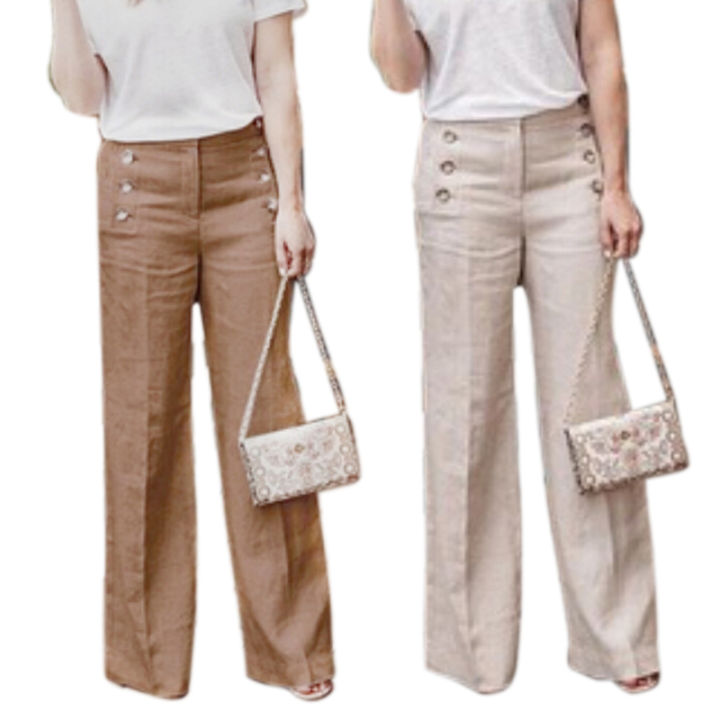 loreta-shunying-plus-ขนาดฤดูร้อนผ้าลินินผู้หญิงกางเกงขากว้างเอวสูงปุ่มกางเกงกางเกง