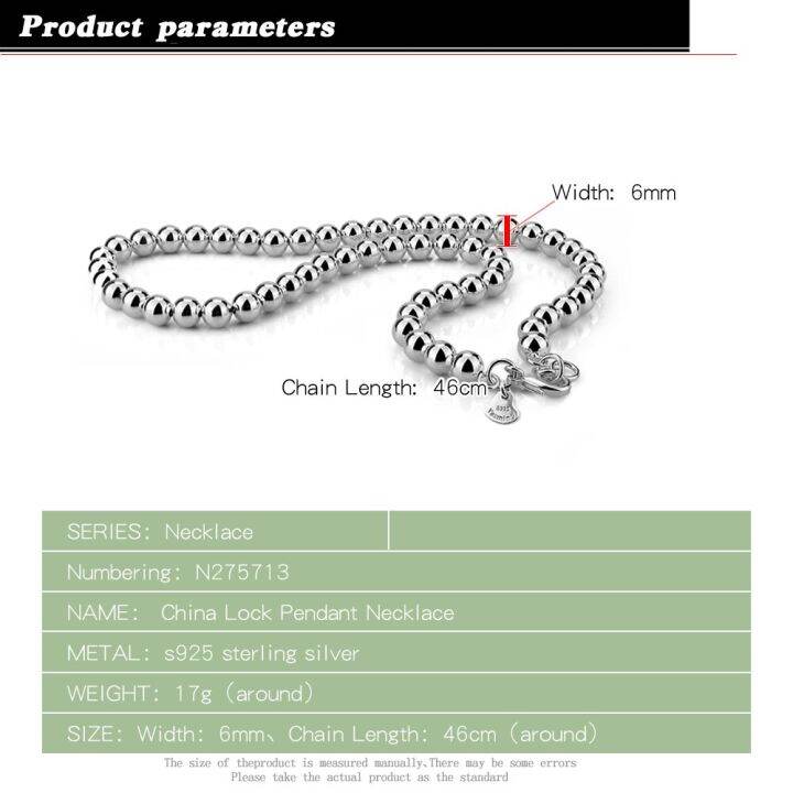 สร้อยคอ925เงินสเตอร์ลิงสไตล์จีนเป็นกลางแบบเรียบง่ายสร้อยคอเงินเนื้อแข็งสร้อยคอลูกปัดมันวาว-gratis-ongkir-เครื่องประดับมีเสน่ห์