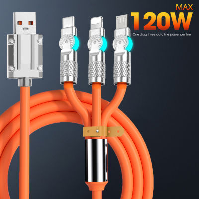 3 IN 1 120W 6A ชาร์จเร็วสุดๆหมุนได้180องศาหัวสายข้อมลูประเภท C USB IOS เกมสายซิลิโคนเหลว Xiaomi เครื่องชาร์จอย่างรวดเร็วสำหรับ Huawei Iphone