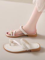 ๑♙﹍ Fairy style slippers womens summer outer wear 2023 new fashion all-match pearl set toe flat French sandals and slippers