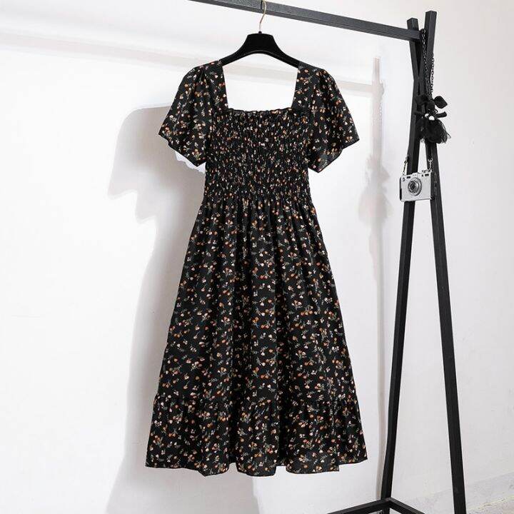 spring-summer-chiffon-women-dresses-female-short-sleeve-elastic-waist-printed-floral-midi-dress-pleated-backless-casual-dress