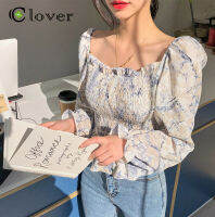 [ส่งเร็วพิเศษ!] Clover เสื้อแฟชั่นหญิงเสื้อเบลาส์เปิดไหล่ผ้าชีฟองแขนยาว off-the-shoulder floral blouse 1273