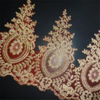 3Yds Delicate Red Background Gold Embroidery Wedding Dress Cording Lace Applique Thread Embroidery Lace Accessories Trim LR0028 Fabric  Material