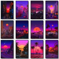 Synthwave Miami Ocaso Beach City Street Tours Wall Art Decor-ภาพตกแต่งบ้านสำหรับห้องนั่งเล่นผ้าใบพิมพ์โปสเตอร์