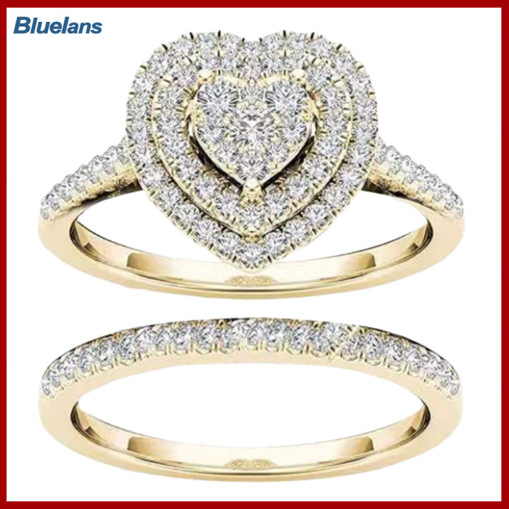 Bluelans®แหวนอัลลอยประดับพลอยเทียมรูปทรงหัวใจประณีตสำหรับผู้หญิง2ชิ้น/เซ็ตแหวนเจ้าสาวสำหรับงานแต่งงาน