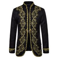 ZZOOI Mens Black Single Button Embroidery Suit Jacket Brand Stand Collar Slim Fit Wedding Groom Blazer Men Stage Singer Costume Homme