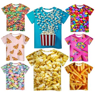 Pizza Popcorn Children T-shirt Sweet Fries Clothes Short Sleeve Fashion Donut Fruit Streetwear 3D Printed O Collared Tshirt