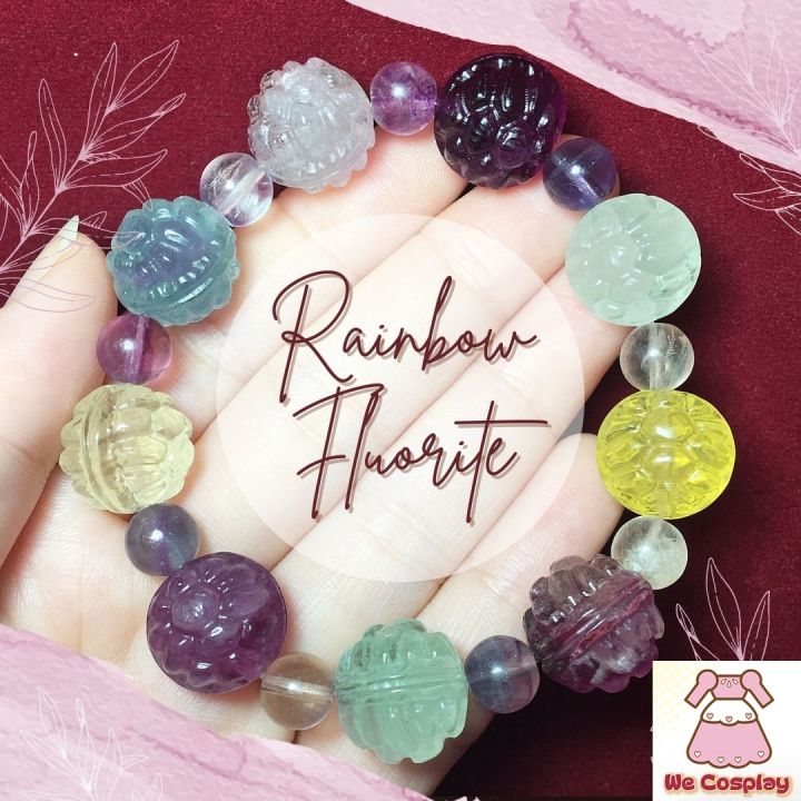 สร้อยข้อมือหิน เรนโบว์ฟลูออไรท์ Rainbow Fluorite แกะสลักทรงบอลกลม  กำไลหินนำโชค Casual Size ขนาด 14.5 มิล