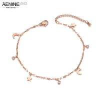 AENINE Rose Gold Color Anklet for Women Star Moon CZ Stone Charm Stainless Steel Holiday Jewelry Adjustable Length AA19021